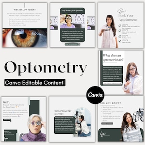 Könnte beinhalten: Eine Werbegrafik für optometrische Dienstleistungen. Das Bild zeigt Text und Fotos über Augenuntersuchungen, Sehschwäche und Terminbuchungen. Das Canva-Logo ist sichtbar. Das Farbschema ist hauptsächlich Weiß, Schwarz und Grün.