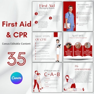 May include: A red and white infographic with the title "First Aid & CPR" and the number 35. The infographic includes information on how to manage bleeds, basic steps of CPR, recognising cardiac arrest, and how to act fast for stroke management. The infographic also includes a section on why CPR matters.