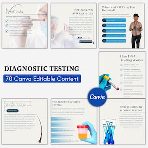 Diagnostic Testing Canva Templates, Blood Testing , DNA Testing, Drug/alcohol testing, DOT testing, Occupational testing, Background checks
