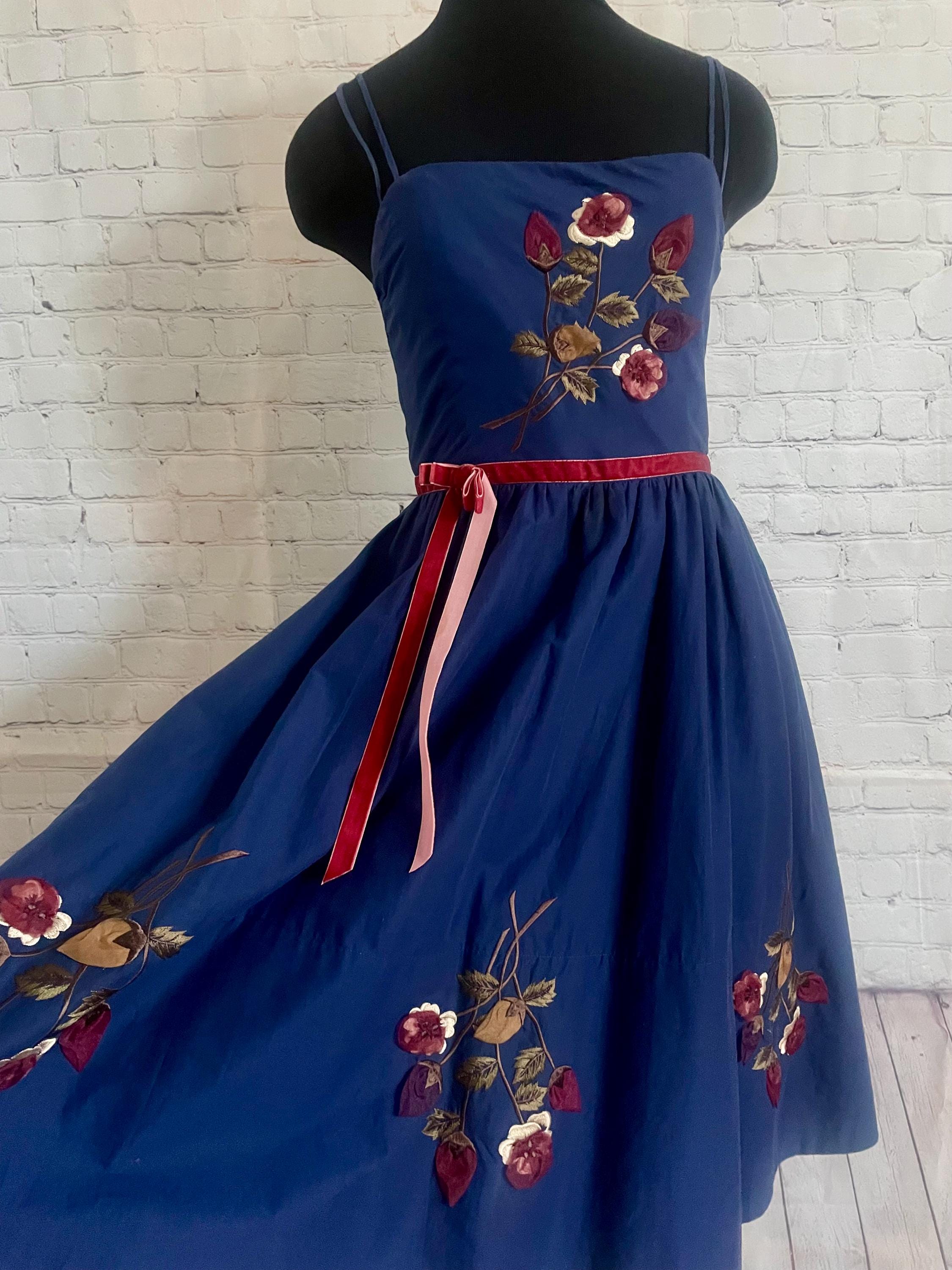 Betsey Johnson Fit and Flare Floral Applique Navy Cotton Dress - Etsy