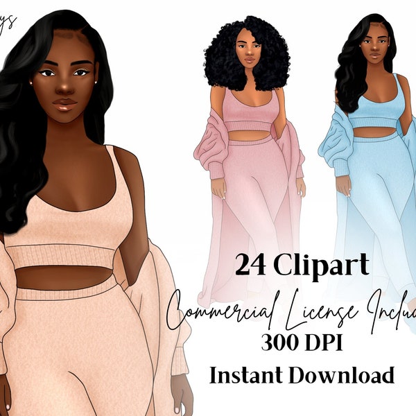 Girl in Lounge wear fashion clipart,Fashion ClipArt, Black ladies png, African American Art, Digital Planner Stickers, Black Girl Clipart