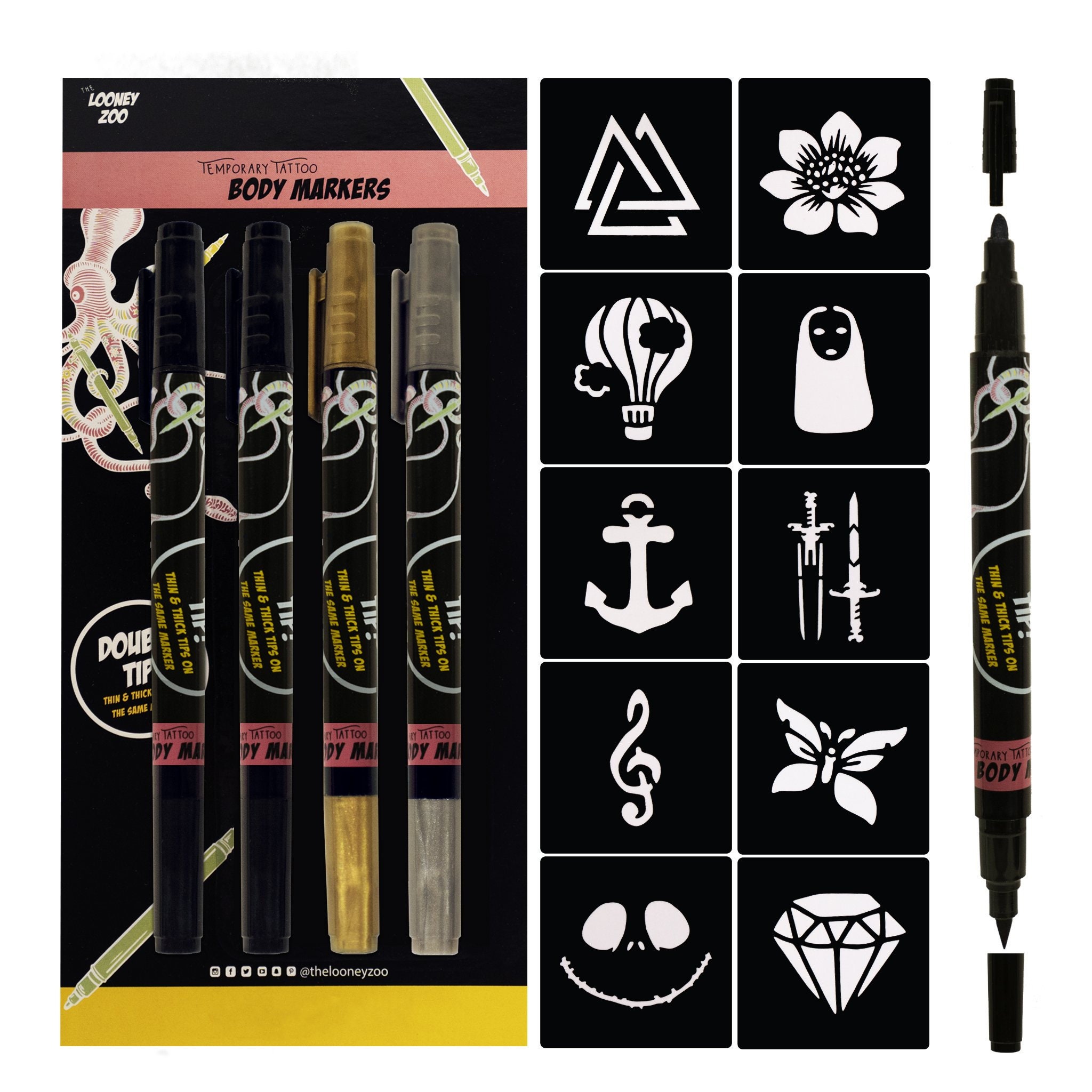 Looney Zoo'sTemporary Tattoo Markers - 10 Pack + Stencils