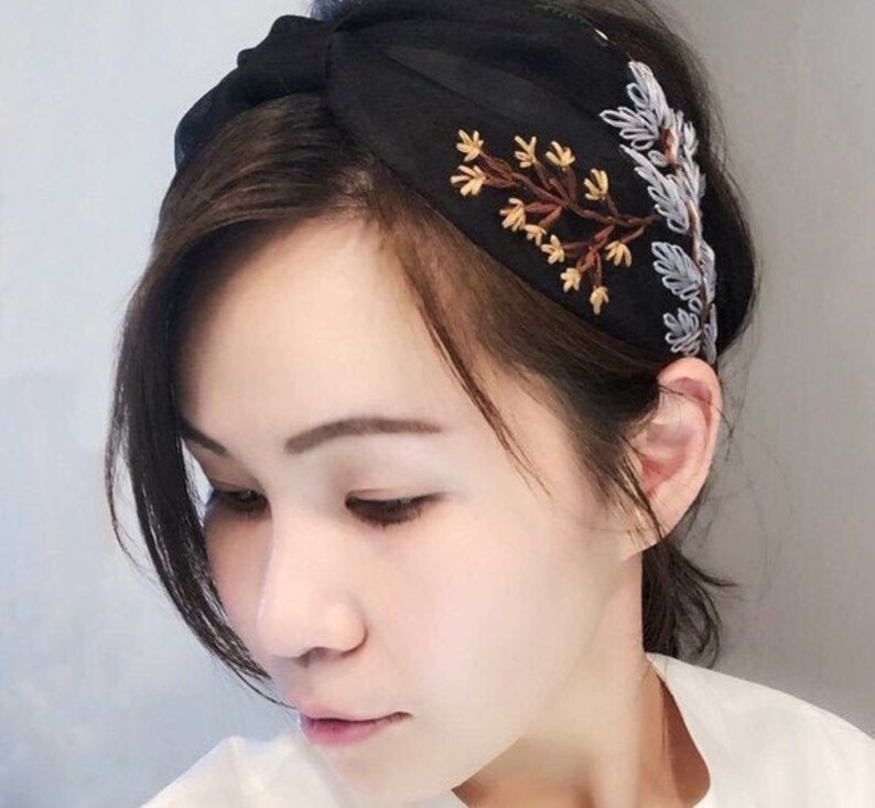 Personalized Embroidered Floral Headband Black Headband Wide Etsy