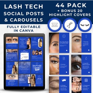 May include: A digital product for lash technicians, featuring social media posts and carousels. The image displays a tablet with various social media templates, including tips for lash care and highlight covers. Text includes "LASH TECH SOCIAL POSTS & CAROUSELS" and "FULLY EDITABLE IN CANVA."