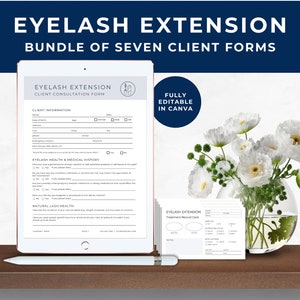 Eyelash Extension Consent Form Bundle, Eyelash Extension Client Intake Form, Lash Consultation Form, Treatment Record Card, Light Gray, EE01