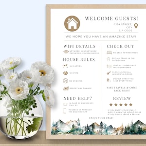 Printable Airbnb Template, Welcome Sign for Airbnb, Vacation Rental, Guest Info Sign, Things to Know, House Rules, Wifi, VRBO, Mountains