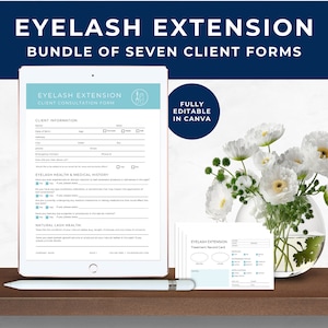 Eyelash Extension Consent Forms Bundle, Eyelash Extension Client Intake Form, Lash Consultation, Treatment Record Card Template, Teal, EE01