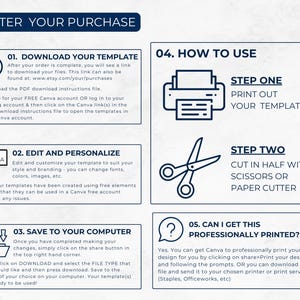 May include: A step-by-step guide on how to download, edit, and personalise a printable template using Canva. The guide includes instructions on how to print, cut, and save the template to your computer. It also includes information on how to get the template professionally printed.