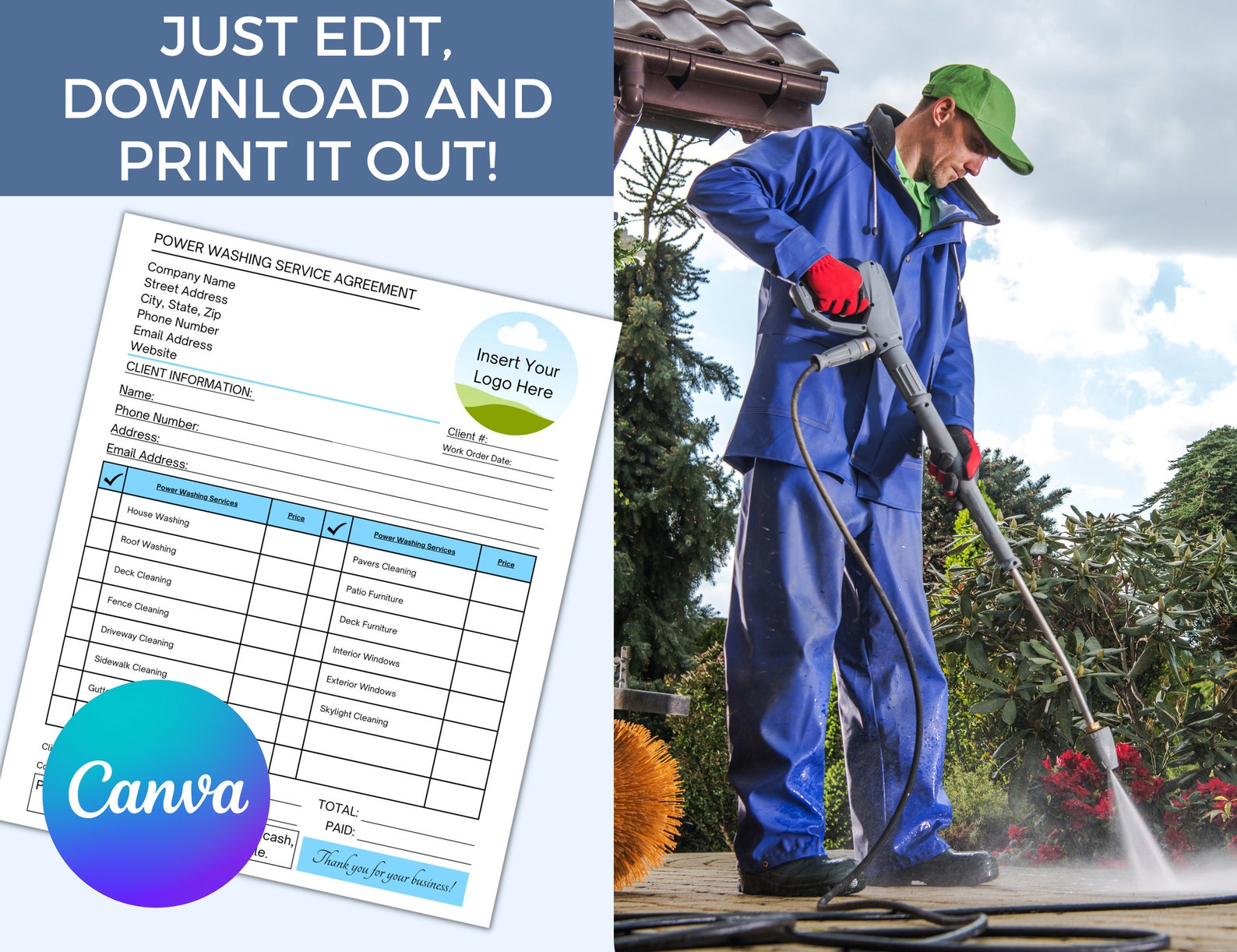 Power Washing Service Agreement, Pressure Washing Service, Editable