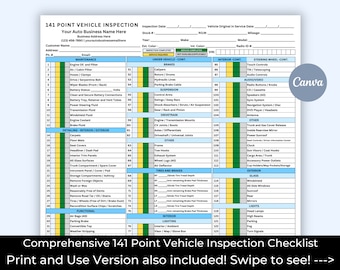 Comprehensive Vehicle Inspection Checklist, 141 Point Vehicle Inspection, Editable Template for Auto Mechanics, Service Department Forms