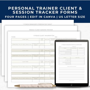 Könnte beinhalten: Formulare zur Nachverfolgung von Kunden und Trainingseinheiten für Personal Trainer, vier Seiten im US-Letter-Format. Die Dokumente enthalten Tabellen für Kundeninformationen, wöchentliche Sitzungen und monatliche Übersichten auf Tablet und Papier.