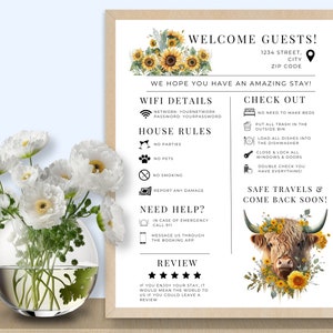 Printable Airbnb Template, Welcome Sign for VRBO, Vacation Rental, Guest Info, Things to Know, House Rules, Wifi, Highland Cow, Sunflowers