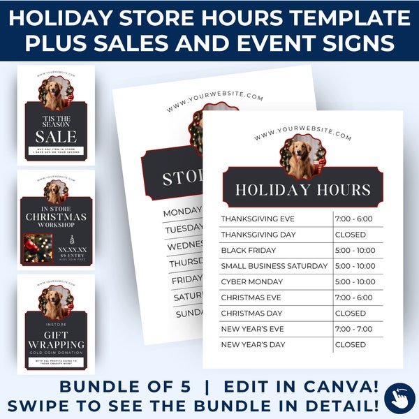 Christmas Business Hours, Holiday Store Hours Template, Store Hour Sign, Editable Information, Black w/ Red Border, In Store Workshop, HOL01