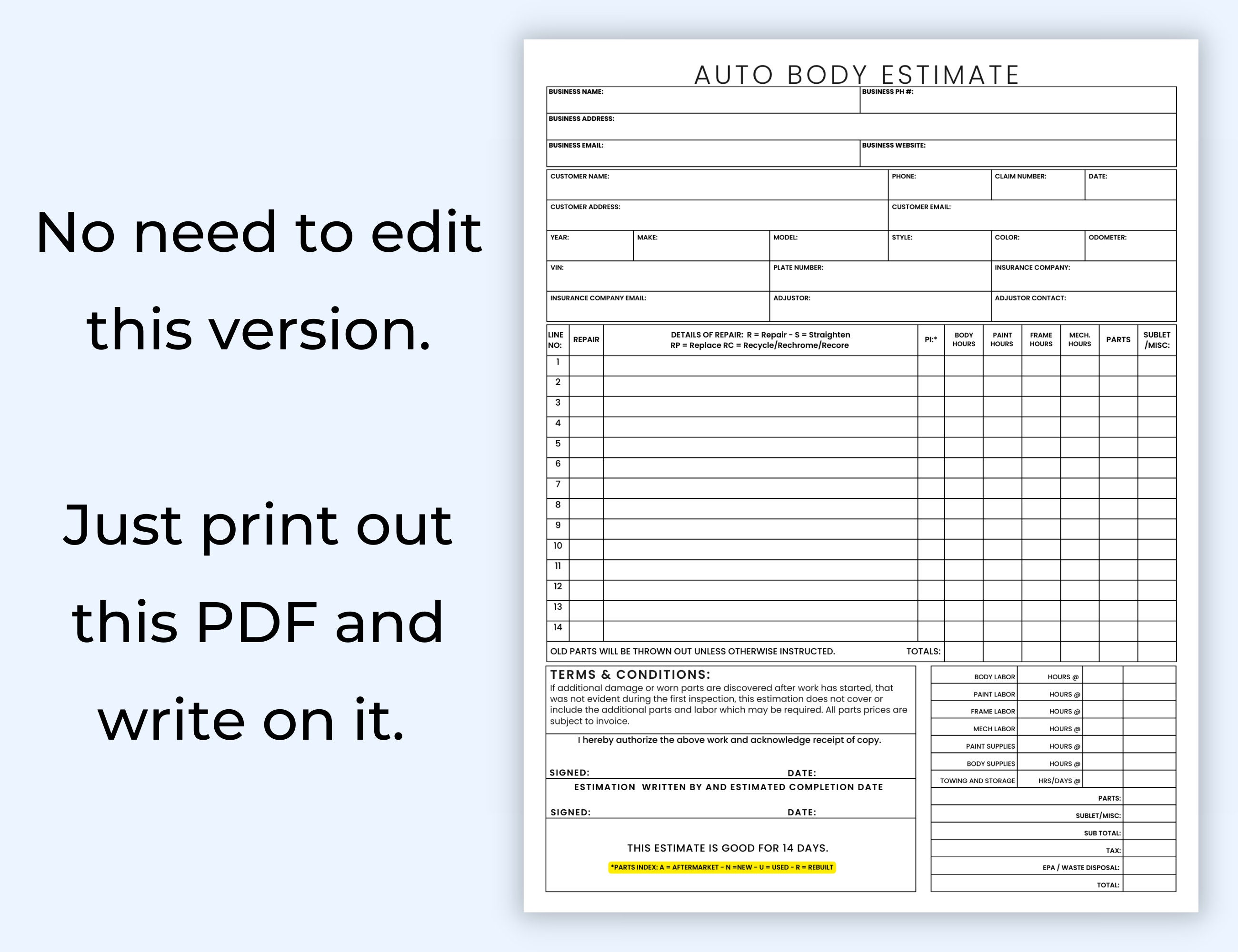 Auto Body Estimate, Editable Estimation Template, Auto Body Repair