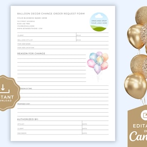 Balloon Decor Change Order Request Form, Balloon Decorations, Balloon Artist, Project Management, Document And Track Change Orders, BB01