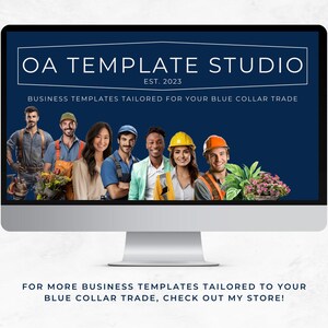 Pode incluir: Uma tela de computador exibindo o texto "OA Template Studio Est. 2023" e o slogan "Business Templates Tailored for Your Blue Collar Trade". A tela tamb&eacute;m mostra um grupo de pessoas diversas vestindo uniformes de trabalho e segurando ferramentas.