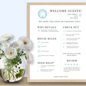 Printable Airbnb Template, Welcome Sign for Airbnb, Vacation Rental, Guest Info Sign, Things to Know, House Rules, Wifi, VRBO, Spa Green