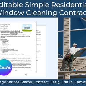 May include: Editable two-page residential window cleaning contract template in Canva. The contract includes a section for services provided, general terms, and a place for signatures. The image shows a window cleaner working on a residential window.
