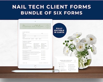 Nail Tech Client Consent Form, Nail Tech Client Consultation Form, Client Treatment Record, Client Intake Form, Weekly Planner, Green, NT01