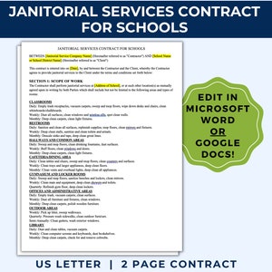 Commercial Cleaning Business Contract, Cleaning Contract Template, Schools, Janitorial Service Contract Template, Janitor Contract,  JCB01