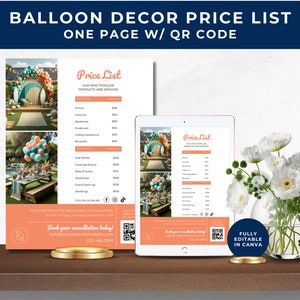 Balloon Decor Price List with QR Code, Balloon Business Price List, Pricing Sheet Template, Balloon Decor Prices, Balloon Artist Menu, BB01
