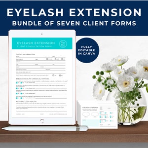 Puede incluir: Una tableta digital que muestra un formulario de consulta para clientes de extensiones de pestañas. El formulario incluye secciones para la información del cliente, la salud de las pestañas y el historial médico, y la salud natural de las pestañas. El texto "EYELASH EXTENSION CLIENT CONSULTATION FORM" está en la parte superior del formulario. El texto "FULLY EDITABLE IN CANVA" está en un círculo en el lado derecho de la imagen.