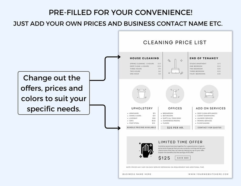 Cleaning Price List, Editable Cleaning Service Price List, Residential