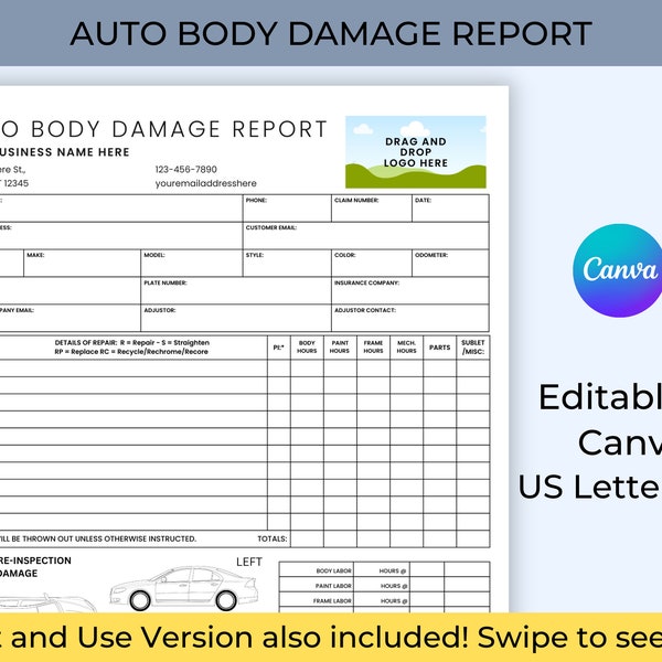 Auto Body Damage Report, Editable Estimation Template, Car Repair Quote Template, Auto Dealership, Auto Mechanic, Service Department Forms