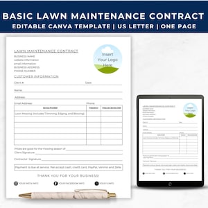 Lawn Maintenance Contract, Lawn Mowing, Lawn Care Service Agreement, Yard Care Template, Landscape Service Form, Groundskeeping Agreement