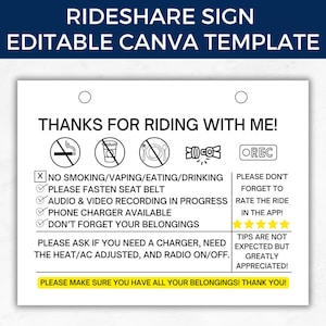 Printable Rideshare Sign, Rideshare Editable Template, Uber Sign, Lyft Sign, Carpool Information Sign, Taxi Sign, Canva Editable Template