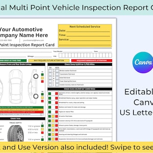 May include: A white paper multi-point vehicle inspection report card with black text and colored status boxes. It features sections for customer details, brake lining measurements, tire tread depth, and a checklist for various automotive services.