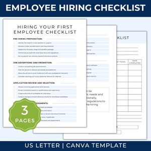 以下が含まれることがあります： 3ページの従業員採用チェックリストテンプレート。チェックリストには、採用前の準備、求人広告、応募書類の審査、評価のセクションが含まれています。テンプレートはUSレターサイズで、Canvaテンプレートです。