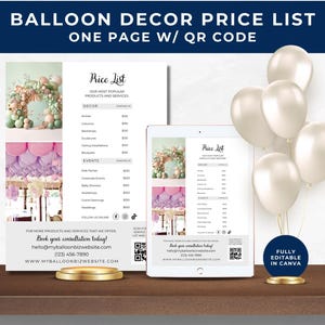 Balloon Decor Price List, Pricing Sheet, Rate Card, Flyer, Balloon Decorations, Balloon Artist, Balloon Business, Information Card, BB01