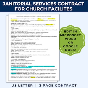 Commercial Cleaning Business Contract, Cleaning Contract Template, Churches, Janitorial Service Contract Template, Janitor Contract, JCB01
