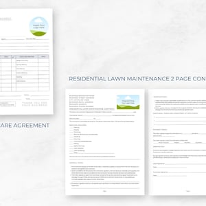 Pode incluir: Contrato de manuten&ccedil;&atilde;o de gramado de duas p&aacute;ginas com um logotipo verde e branco. O contrato inclui se&ccedil;&otilde;es para informa&ccedil;&otilde;es comerciais, servi&ccedil;os prestados, detalhes do cliente e assinaturas.