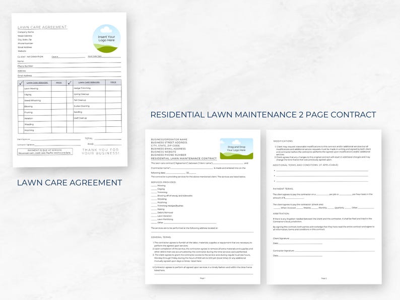 Pode incluir: Contrato de manuten&ccedil;&atilde;o de gramado de duas p&aacute;ginas com um logotipo verde e branco. O contrato inclui se&ccedil;&otilde;es para informa&ccedil;&otilde;es comerciais, servi&ccedil;os prestados, detalhes do cliente e assinaturas.