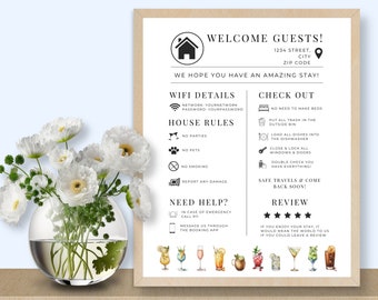 Printable Airbnb Template, Welcome Sign for Airbnb, Vacation Rental, Guest Info, Things to Know, House Rules, Wifi, VRBO, Cocktail Theme