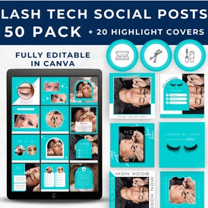 May include: A laptop screen displaying a collection of 50 social media post templates for lash technicians. The templates are in a turquoise and white color scheme and feature images of eyelashes, lash extensions, and lash application tools. The text "Lash Tech Social Posts 50 Pack + 20 Highlight Covers" is displayed at the top of the screen. The text "Fully Editable in Canva" is displayed below the image.