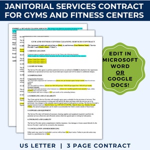 May include: A green and yellow graphic with the text "Edit in Microsoft Word or Google Docs!"  A document titled "Janitorial Services Contract for Gyms and Fitness Centers" is shown in the background. The document is a legal contract for cleaning services.