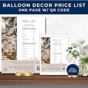 Balloon Decor Price List with QR Code, Balloon Business Price List, Price Sheet, Balloon Decor Pricing, Balloon Artist Menu Template, BB01
