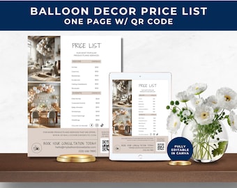 Balloon Decor Price List with QR Code, Balloon Business Price List, Price Sheet, Balloon Decor Pricing, Balloon Artist Menu Template, BB01