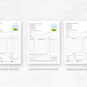 Pode incluir: Tr&ecirc;s faturas, estimativas e recibos de paisagismo em branco. Cada documento tem espa&ccedil;o para um logotipo, informa&ccedil;&otilde;es do cliente e uma tabela para listar itens e pre&ccedil;os. Os documentos s&atilde;o intitulados "Fatura de paisagismo", "Estimativa de paisagismo" e "Recibo de paisagismo".