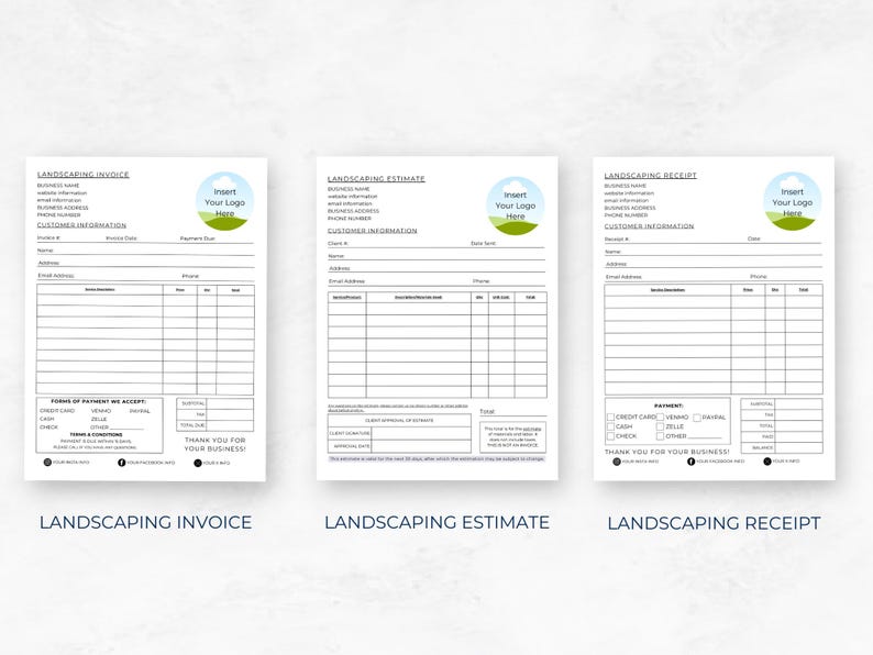 Pode incluir: Tr&ecirc;s faturas, estimativas e recibos de paisagismo em branco. Cada documento tem espa&ccedil;o para um logotipo, informa&ccedil;&otilde;es do cliente e uma tabela para listar itens e pre&ccedil;os. Os documentos s&atilde;o intitulados "Fatura de paisagismo", "Estimativa de paisagismo" e "Recibo de paisagismo".