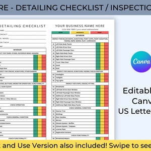 Pre-Detailing Vehicle Inspection Checklist, Editable Checklist Template, Auto Detailing, Body Shop, Dealership, Mechanic, Service Department