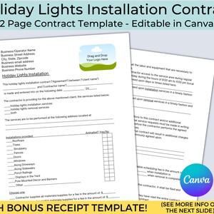 May include: A two-page contract template for holiday light installation services. The template is editable in Canva and includes a bonus receipt template. The contract includes sections for business information, services provided, and payment terms.