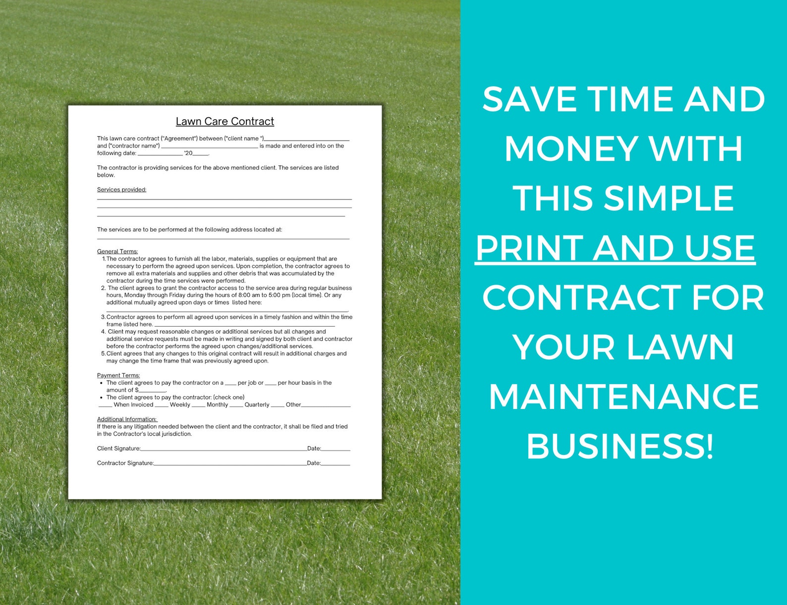 Simple Lawn Care Contract, Landscaping Business Contract, Basic Lawn