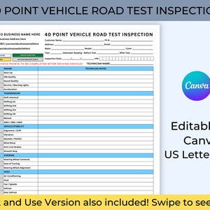 40 Point Vehicle Road Test Inspection Checklist, Editable Template, Mechanic, Auto Dealership, Used Car Inspection, Service Department Forms
