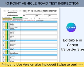 May include: A printable 40-point vehicle road test inspection checklist. The checklist includes sections for engine, transmission, 4WD/2WD, vehicle stability, steering, and HVAC. The checklist is designed to be completed after driving the vehicle.