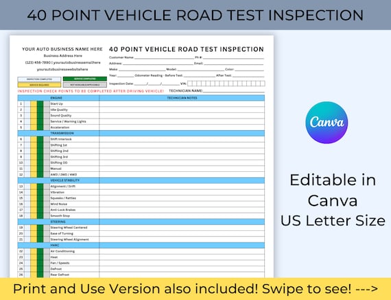 40 Point Vehicle Road Test Inspection Checklist, Editable Template, Mechanic, Auto Dealership, Used Car Inspection, Service Department Forms