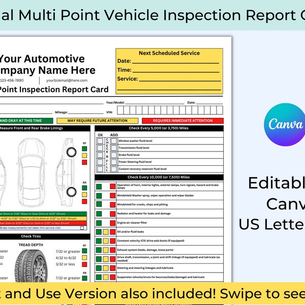Visual Vehicle Inspection Report Card, Editable PDF Multi-Point Vehicle Inspection Checklist, Vehicle Inspection Worksheet, Auto Maintenance